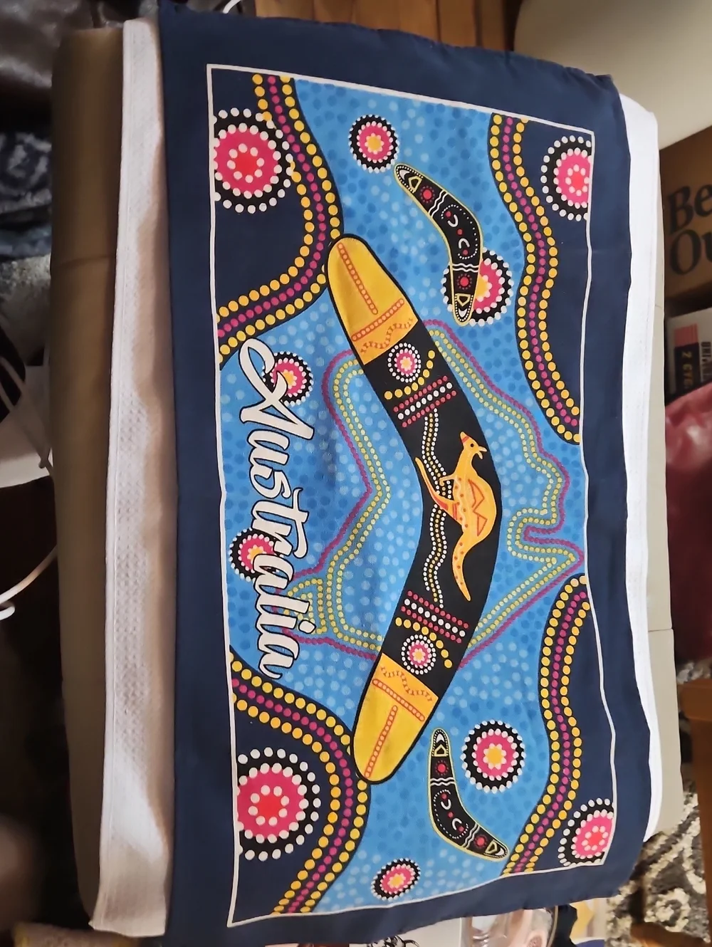 Australia Boomerang Print Tea Towel Aboriginal Dot Art in Navy & Blue